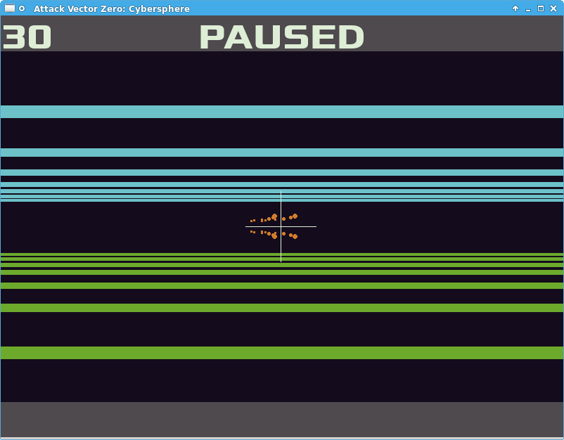 Screenshot of a retro game mockup: two rows of neon-colored bars suggest an abstract landscape going to the horizon. Distant rows of spheres flank a crosshair.