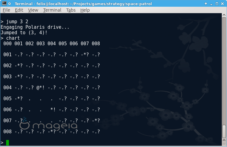 (Screenshot of a terminal emulator showing a game map and command line.)