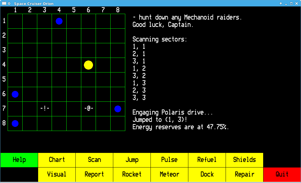 (Screenshot of a retro strategy game drawn in primary colors, showing an abtract galactic map.)