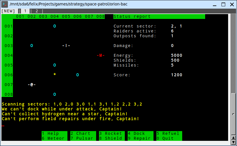 Screenshot of a text-based strategy game running in a terminal emulator, showing an abstract star chart and colorful user interface.