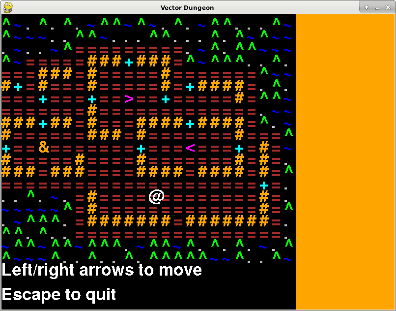 Early game screenshot showing a colorful roguelike display (with ASCII characters) in a graphical window.