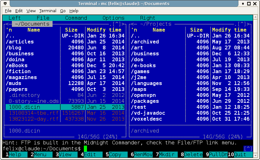 The text-based, dual-pane interface of Midnight Commander, with function keys and a command line at the bottom.
