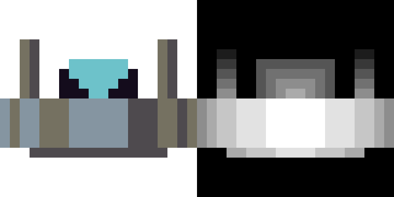 Square sprite depicting a kind of futuristic craft in color, with a black-and-white depth map matching it pixel by pixel.
