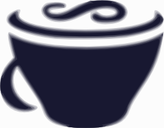 Dark blue drawing of a cup of latte with a sideways S on top resembling an infinity sign.
