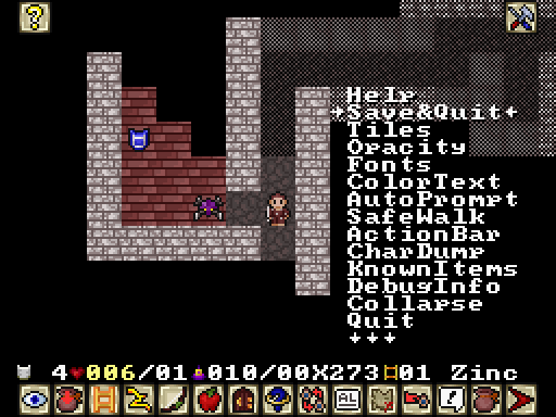 Screenshot from a pixellated tile-based game showing a little person in a dungeon, with a menu across the right side.