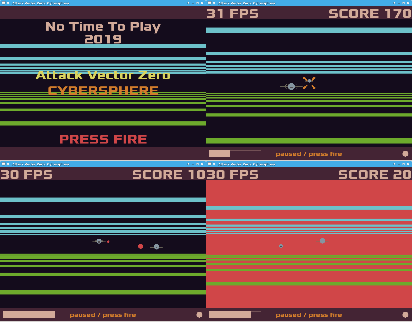 Montage of four screenshots from a videogame depicting a first-person dogfight against round spaceships, rendered in a retro, abstract style and neon colors.