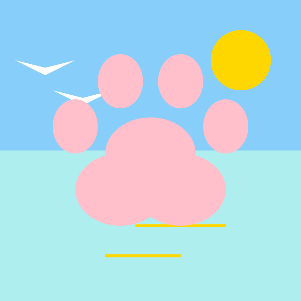 Minimal, abstract art depicting a cat's paw print overimposed on a seascape: seagulls gliding over the water, under a warm sun.