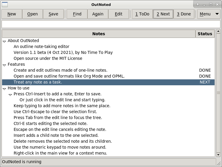 Screenshot of a desktop application showing a tree of text notes in the main work area, along with a toolbar and other widgets. There aren't any icons.