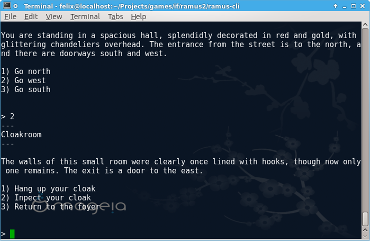 (Screenshot of a terminal emulator showing a fragment from Roger Firth's Cloak of Darkness.)