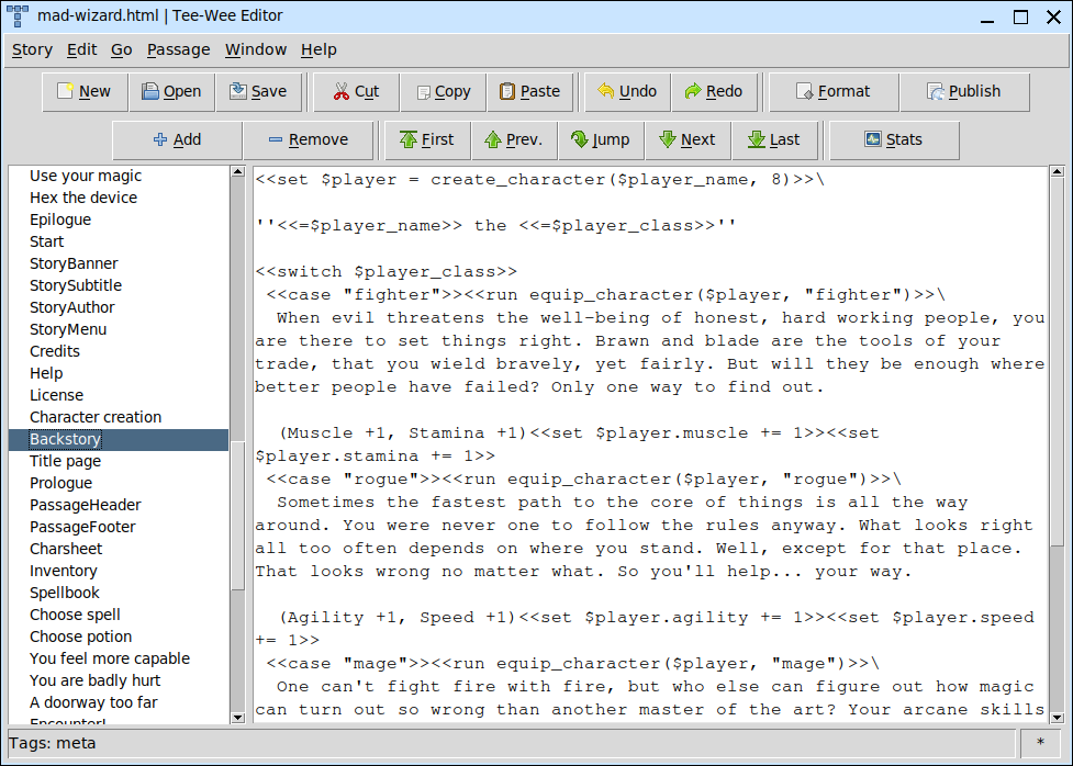 Screenshot from a desktop text editor with a list down the left side, showing a passage from some sort of gamebook.