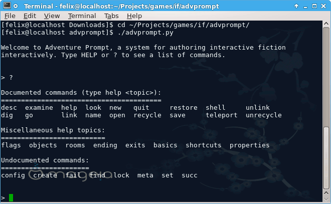 (screenshot of a command-line application showing a list of commands and other help topics)