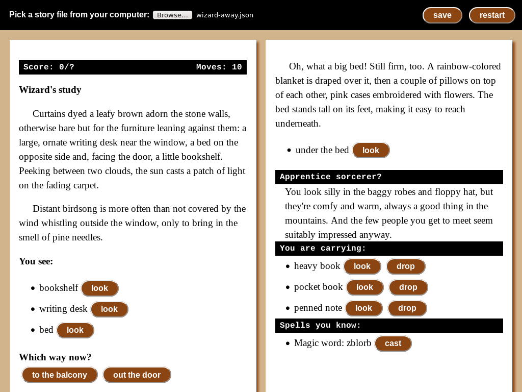 (Screenshot of a text-based game designed to resemble an open book.)