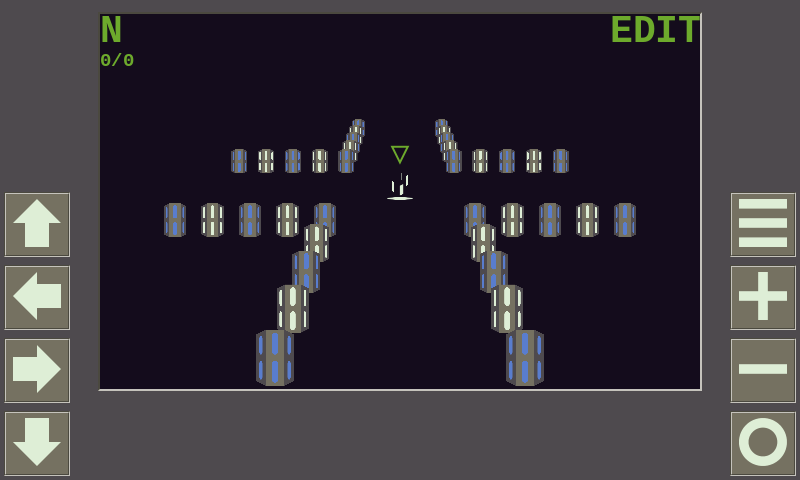(Screenshot showing four wide corridors made of glowing columns that intersect at a fountain of light. On either side of the viewport are touchscreen controls.)