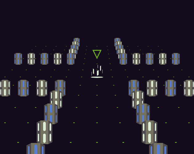 (Screenshot showing four wide corridors made of glowing columns that intersect at a fountain of light.)