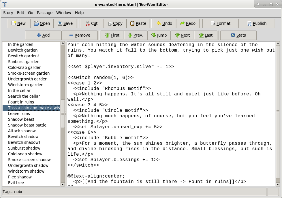Screenshot from a desktop text editor with a list down the left side, showing a passage from some sort of gamebook. It looks like modern Linux software.