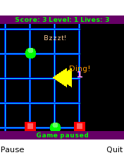 Screenshot from a 2D game with colorful abstract art, played on a blue neon grid.