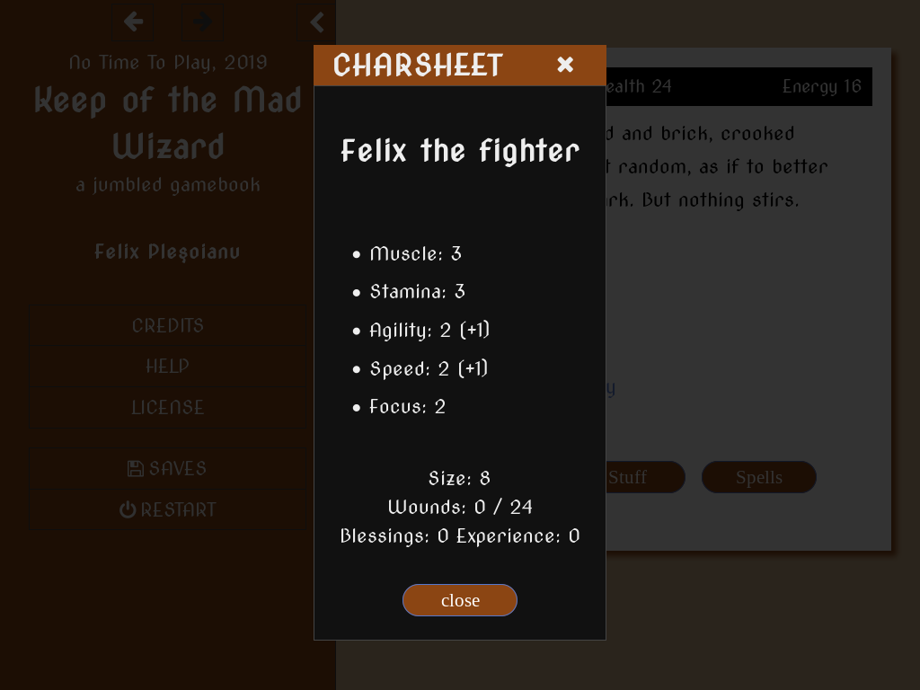 (Screenshot of a computer role-playing game showing a character sheet.)