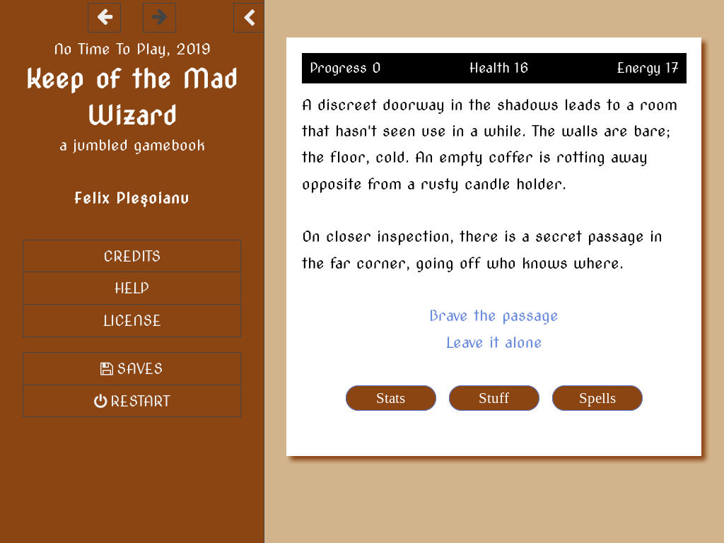 (Screenshot of a digital gamebook presenting a dungeon room with two choices.)