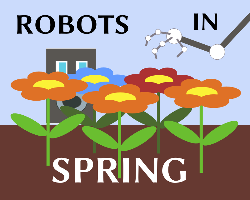 Whimsical art depicting a robot in a field of flowers panicking as it watches another robot's hand reaching out to pick them.