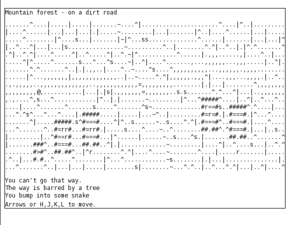 Game screenshot made of black-on-white ASCII characters forming an abstract map, with status messages above and below.