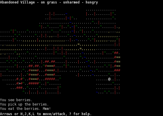 Dark-mode game screenshot made of colorful ASCII characters forming an abstract map, with status messages above and below.