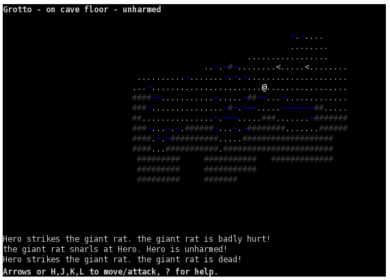 Dark-mode game screenshot made of colorful ASCII characters abstractly mapping a cave-like environment.
