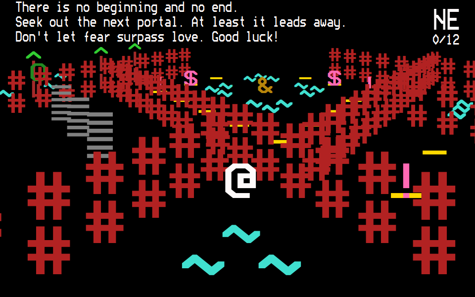 Screenshot from a 3D roguelike rendered with ASCII characters that partly blend into each other.