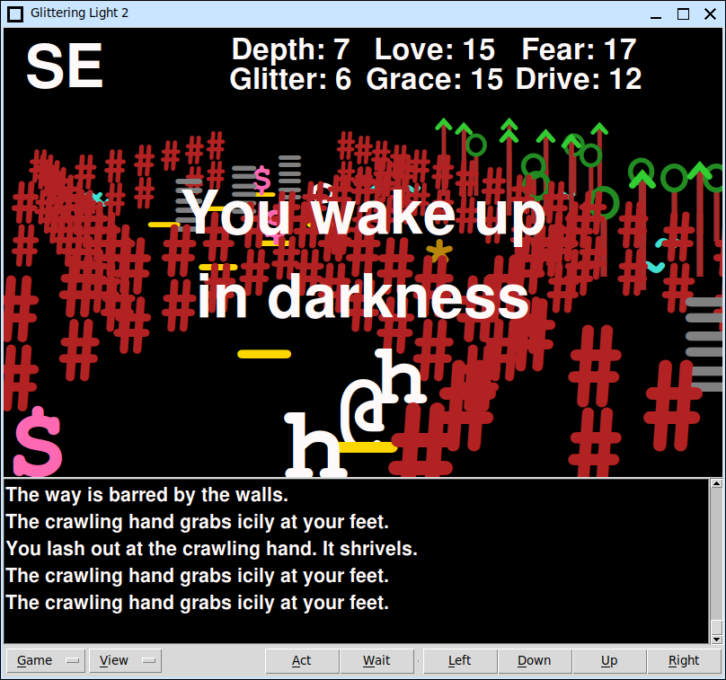 Screenshot from a 3D game rendered with colorful ASCII characters, and using a desktop-style GUI.