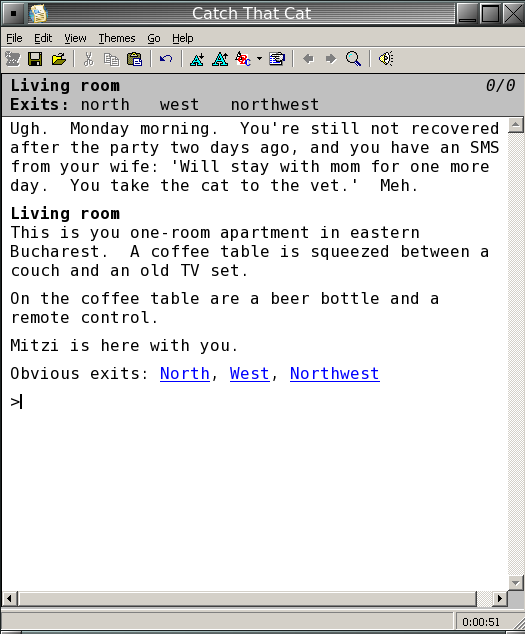 Screenshot from a text adventure running in a small window with typical GUI elements.