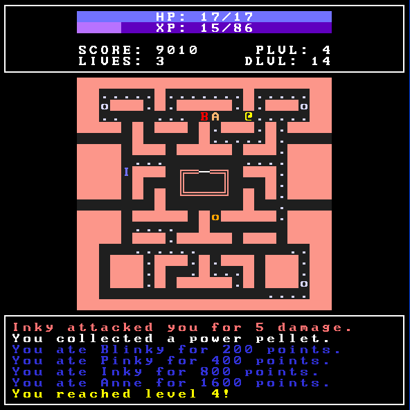 Screenshot from a text-based game resembling the classic Pac-Man, with an added HUD and message log.