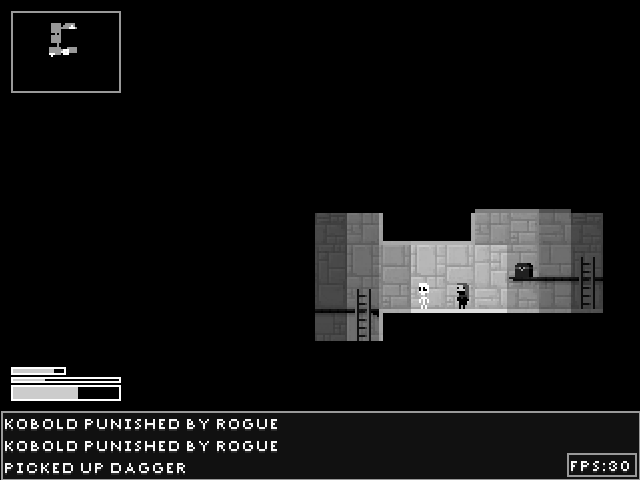 Screenshot from a black-and-white platformer showing a pixelated skeleton and lady.