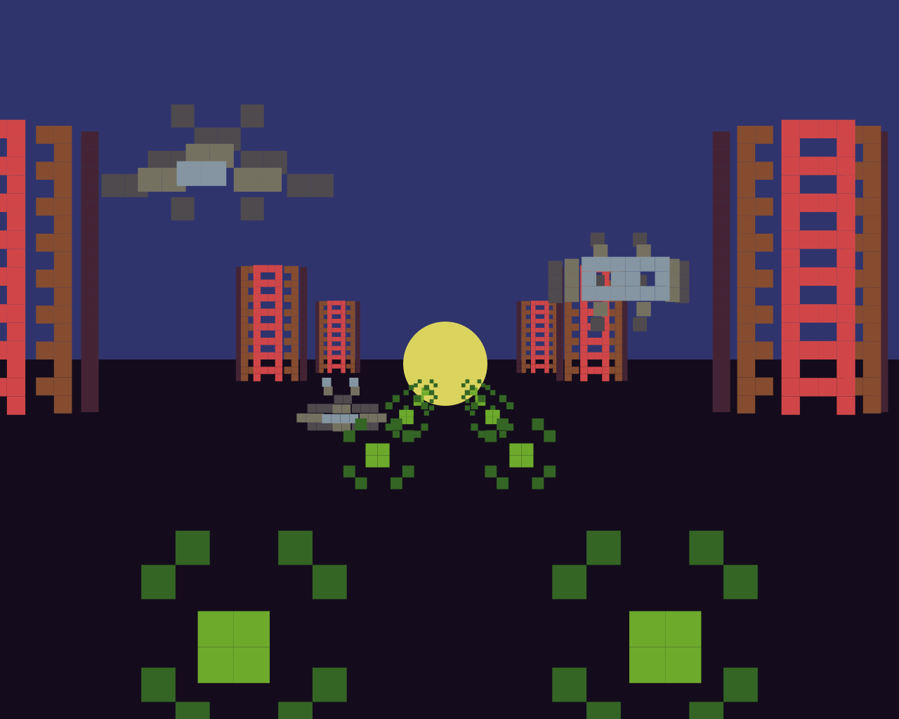 Videogame art of glowing green blobs being fired in first person at futuristic vehicles coming down a city street, in low-res.