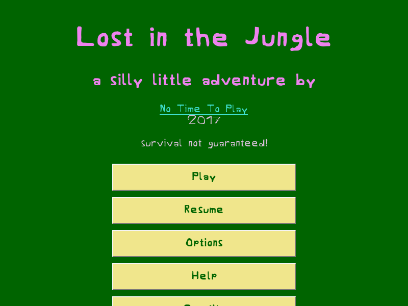 Screenshot of a game menu with a whimsical 'jungle' font and magenta-yellow-green color scheme.