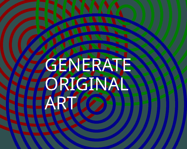 Three sets of concentric circles in red, green and blue make up moire patterns over a dark gray background. On top, in white, are the words 'generate original art'.