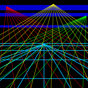 Abstract art suggesting red, yellow and green laser beams sweeping an empty dance floor lined in neon blue.