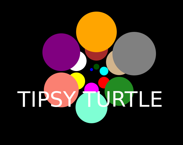 Abstract art of multicolored circles spiraling into the distance, with the words 'Tipsy Turtle' superimposed in white letters.